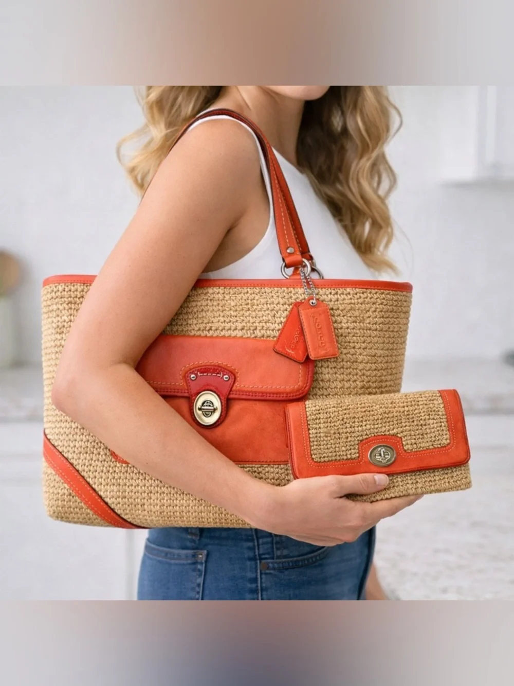 Coach Legacy Resort Summer Collection Raffia/Coral Leather Tote & Clutch